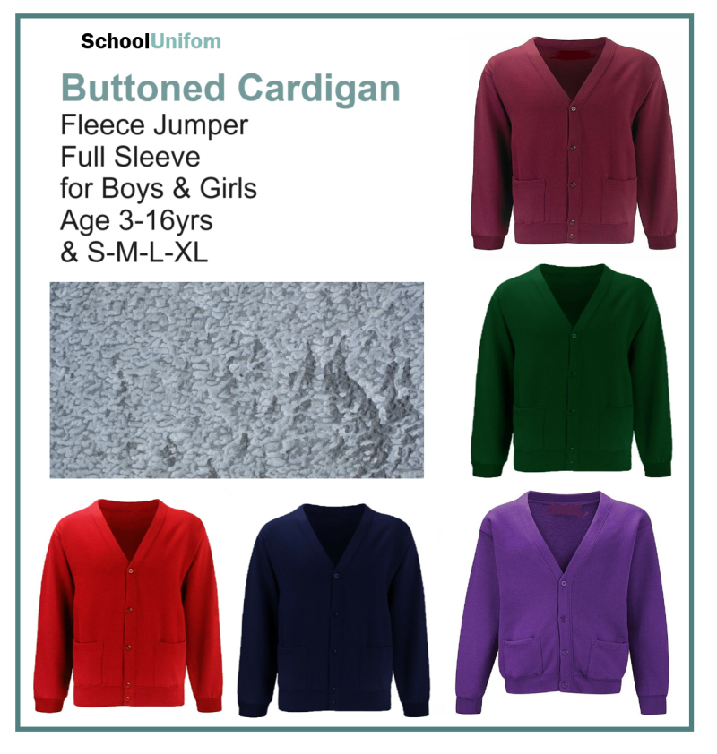 School Cardigan Buttoned Fleece Jumper V Neck