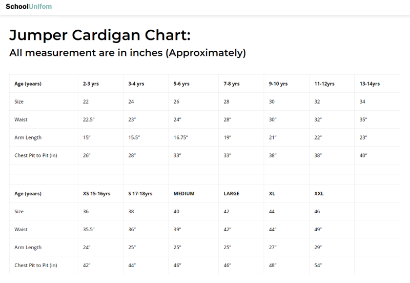 Size Chart Jumper Cardigan schoolunifom.co.uk