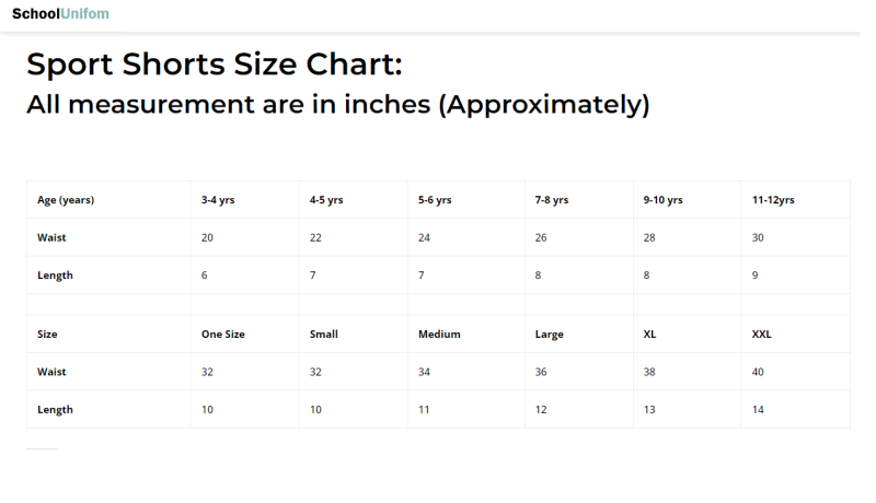 Size Chart Sport Shorts schoolunifom.co.uk