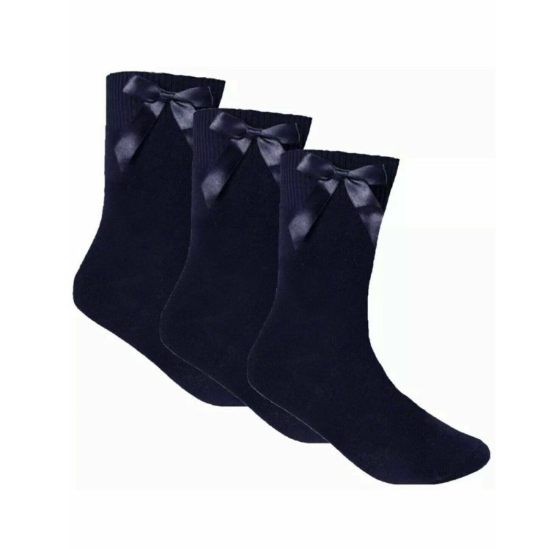 Girls NAVY Ankle Socks with BOW Casual Cotton Rich 6 Pairs